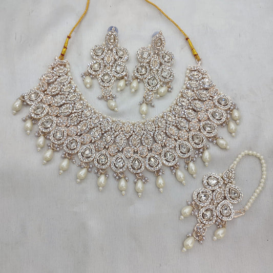 Rose Gold Plated Bridal Jewellery Necklace Set With Tikka