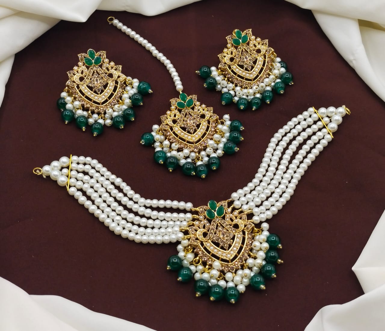 Gold Plated Choker Necklace Set Pearls And Stones Tikka