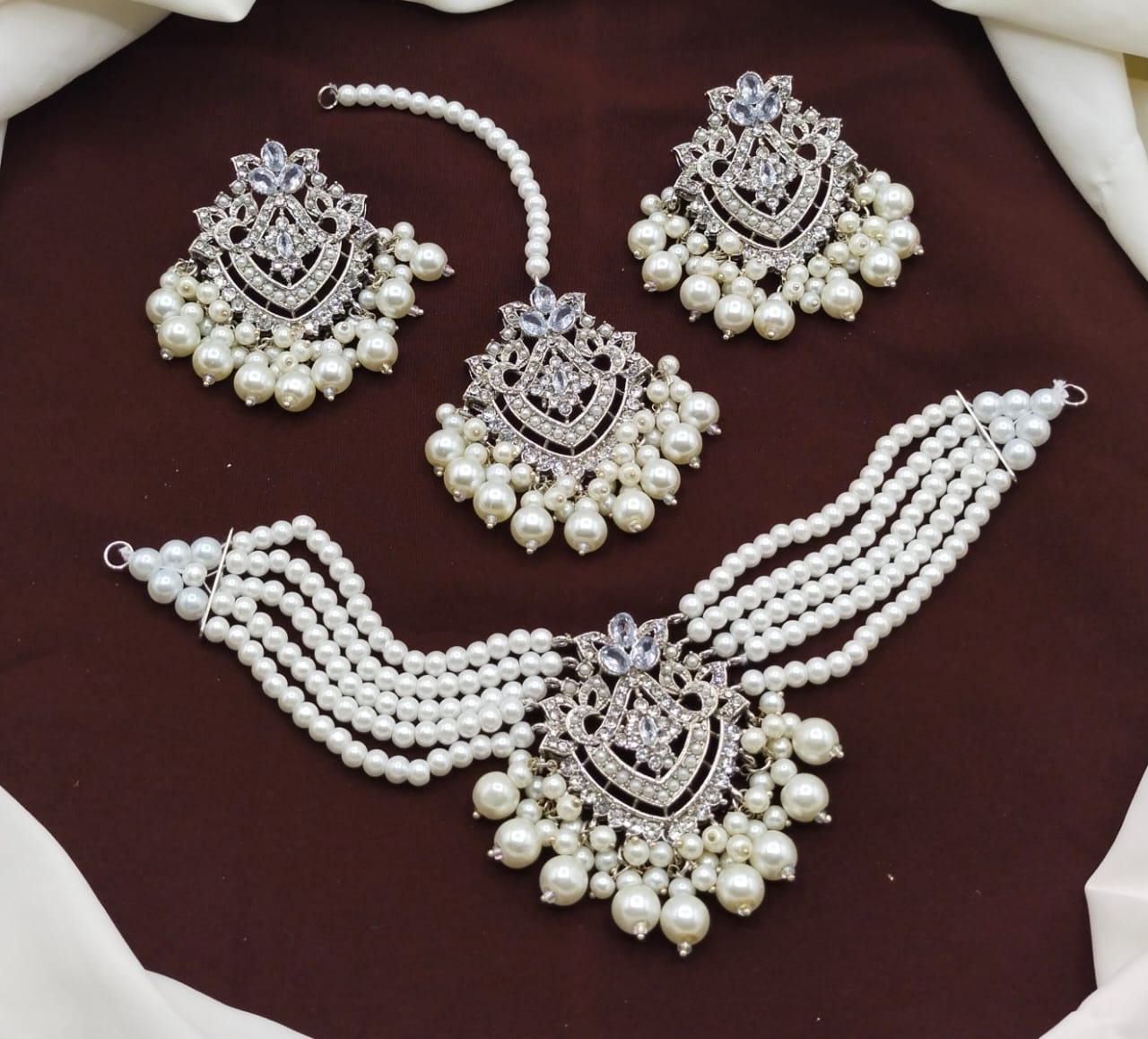 Gold Plated Choker Necklace Set Pearls And Stones Tikka