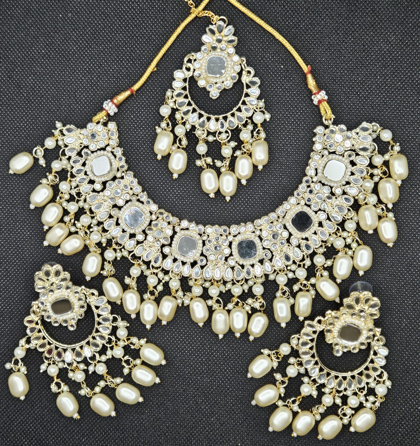 Indian Style Cream Pearls Mirror Kundun Stones Wedding Jewellery Sets