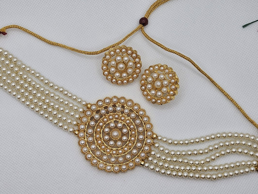 Indian Style Gold Finish Pearls Crystal Stones Choker Necklace Set