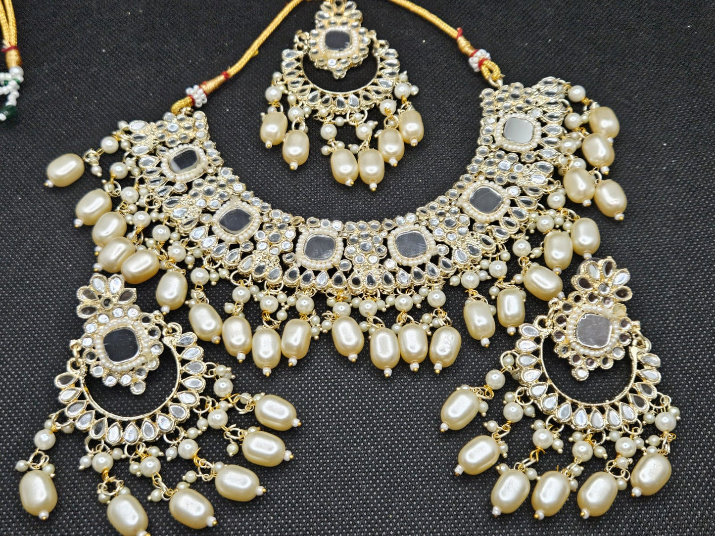 Indian Style Cream Pearls Mirror Kundun Stones Wedding Jewellery Sets