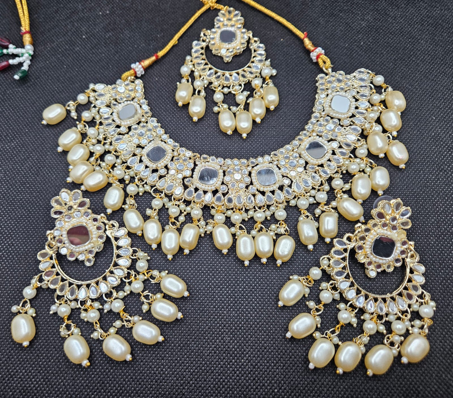 Indian Style Cream Pearls Mirror Kundun Stones Wedding Jewellery Sets