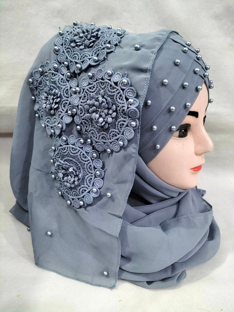 Muslim Girls Pearls Chiffon Floral Embroidery Ready To Wear Fancy Party Hijaab