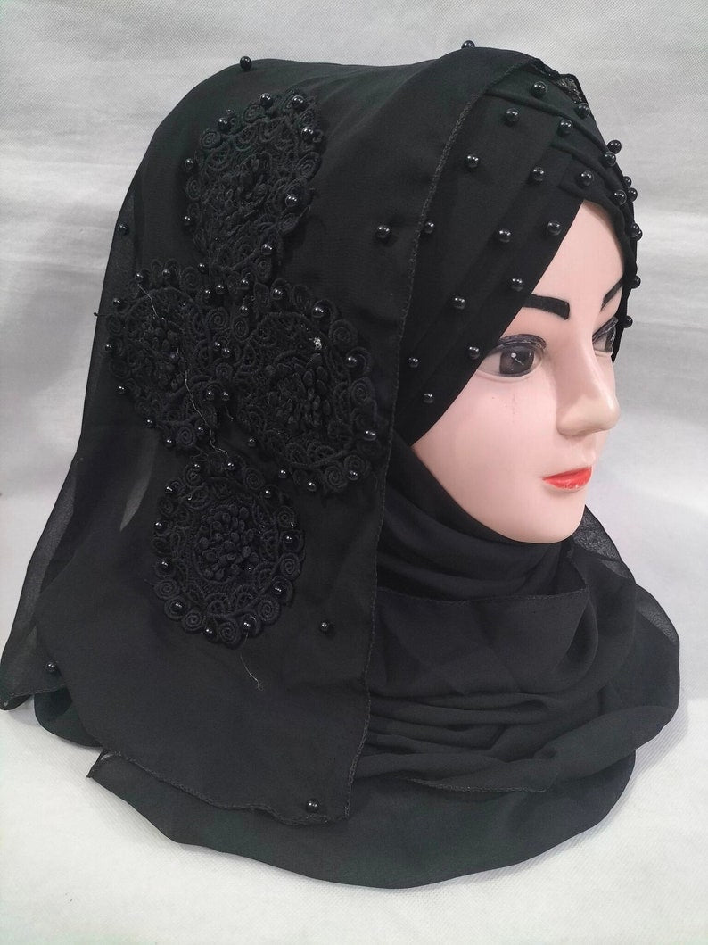 Muslim Girls Pearls Chiffon Floral Embroidery Ready To Wear Fancy Party Hijaab