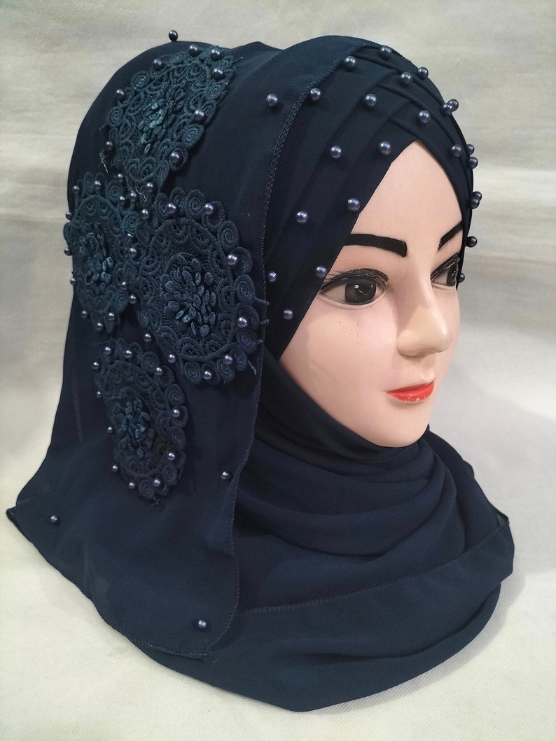 Muslim Girls Pearls Chiffon Floral Embroidery Ready To Wear Fancy Party Hijaab