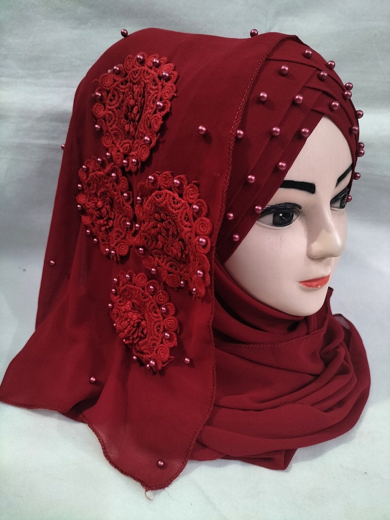 Muslim Girls Pearls Chiffon Floral Embroidery Ready To Wear Fancy Party Hijaab