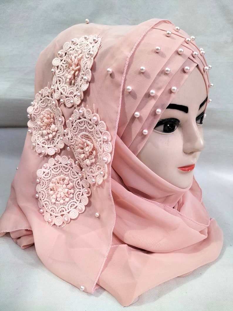 Muslim Girls Pearls Chiffon Floral Embroidery Ready To Wear Fancy Party Hijaab