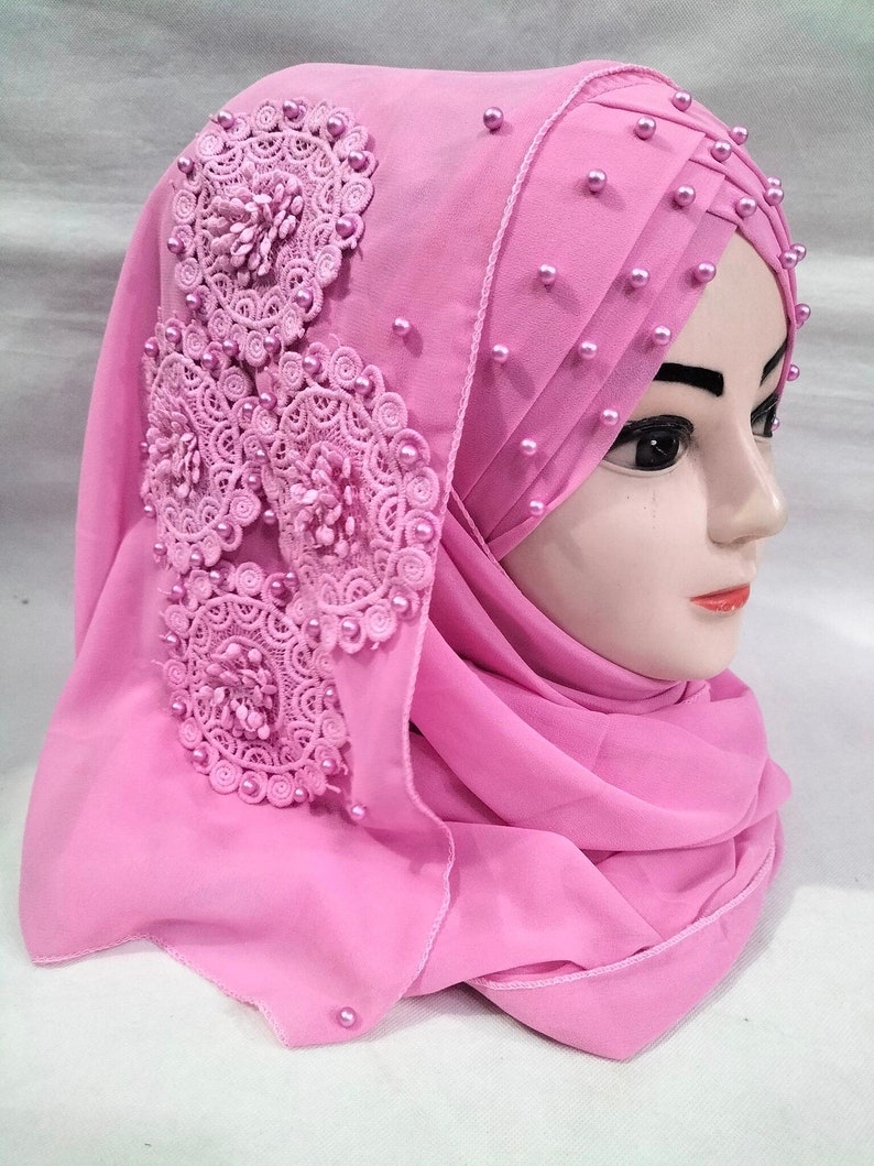 Muslim Girls Pearls Chiffon Floral Embroidery Ready To Wear Fancy Party Hijaab