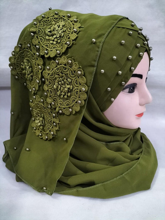 Muslim Girls Pearls Chiffon Floral Embroidery Ready To Wear Fancy Party Hijaab