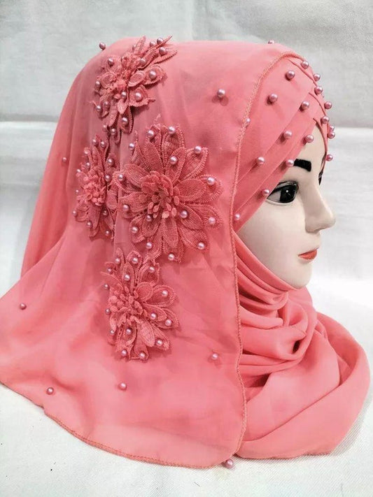 Muslim Girls Pearls Chiffon Floral Embroidery Ready To Wear Fancy Party Hijaab