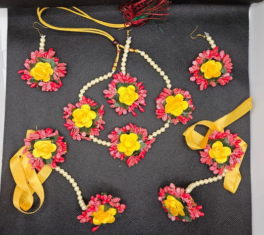 Artificial Red Base Flower Jewellery Sets Haldi Mehndi Dholki Sets