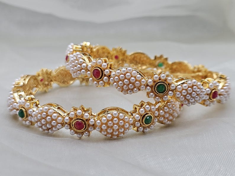 Asian Desi Style Jewellery Gold Plated Pearls Multi Stone Bangles