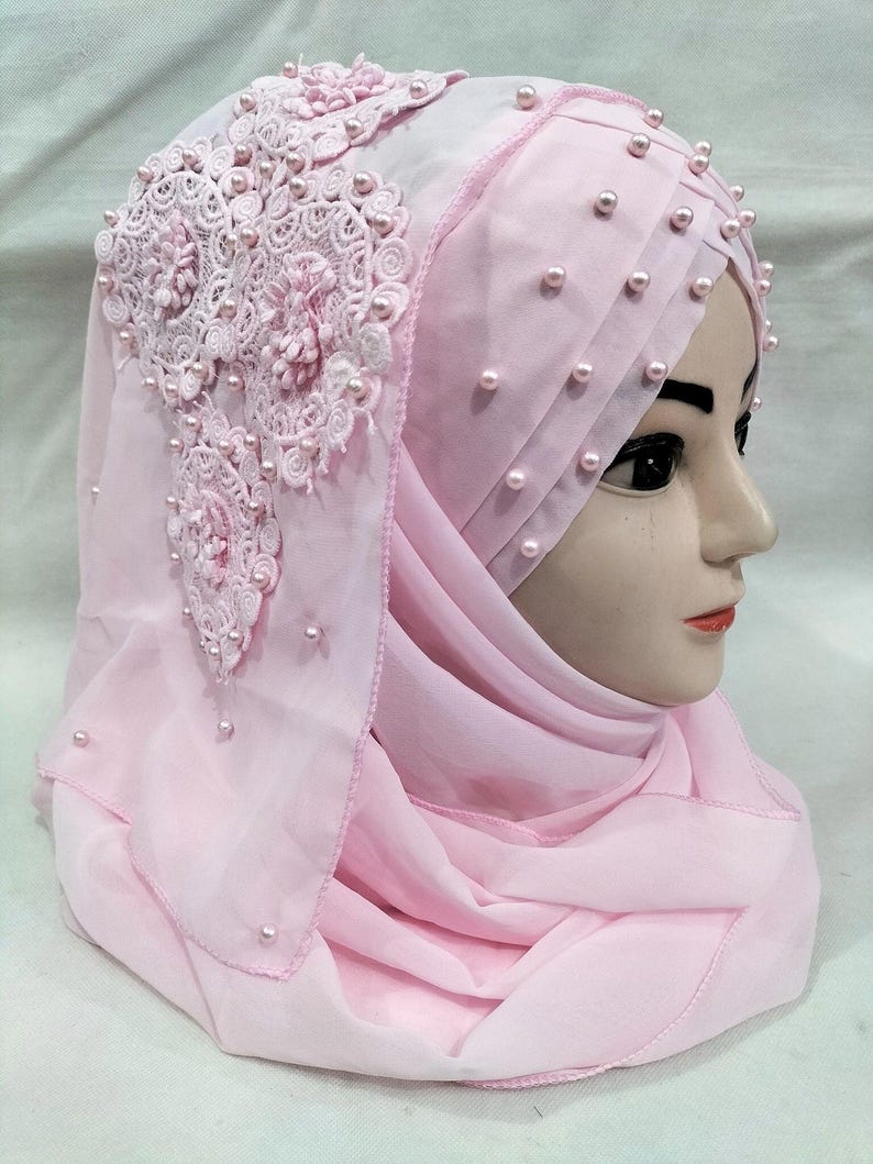 Muslim Girls Pearls Chiffon Floral Embroidery Ready To Wear Fancy Party Hijaab