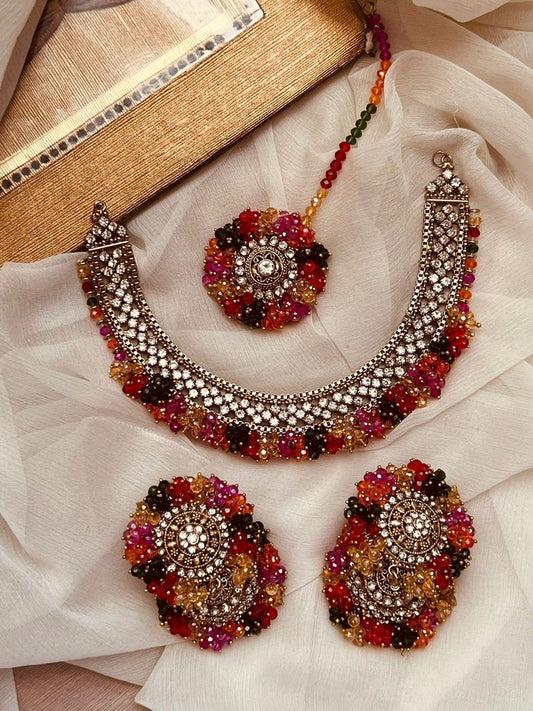 Indian Pakistani Mehndi Dholki Bridal Gajra Necklace Choker Sets Earrings Jhumka