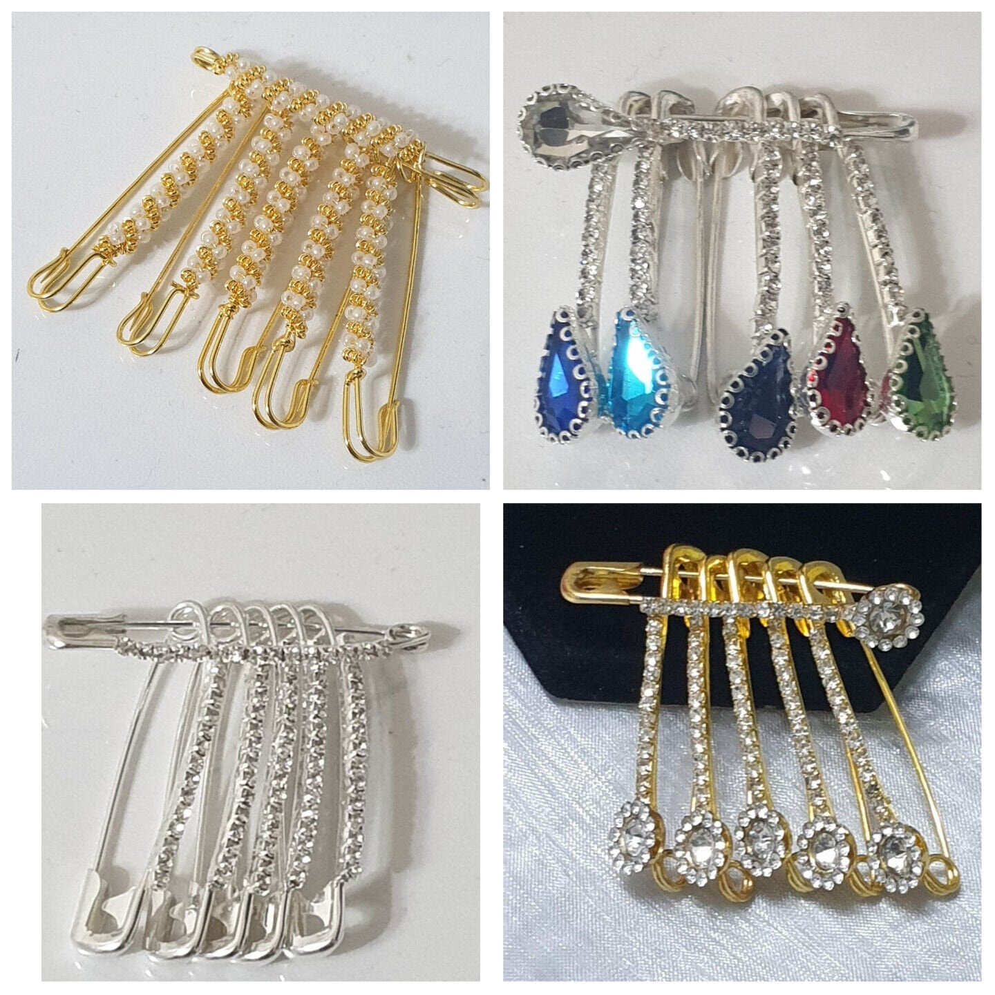 6 X Fancy Golden Silver Colour Diamonds Saree Pin One Side Of Safety Pins