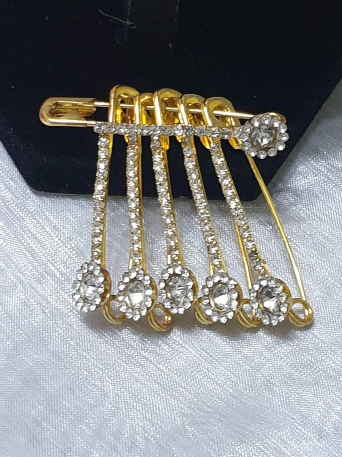 6 X Fancy Golden Silver Colour Diamonds Saree Pin One Side Of Safety Pins