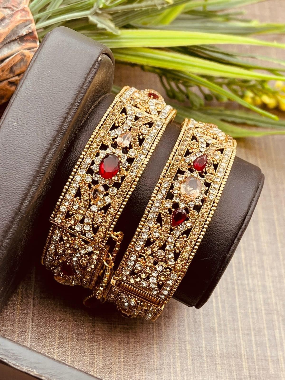 Gold Plated Multi Colour And Red Stone Pearls Openable Bangles