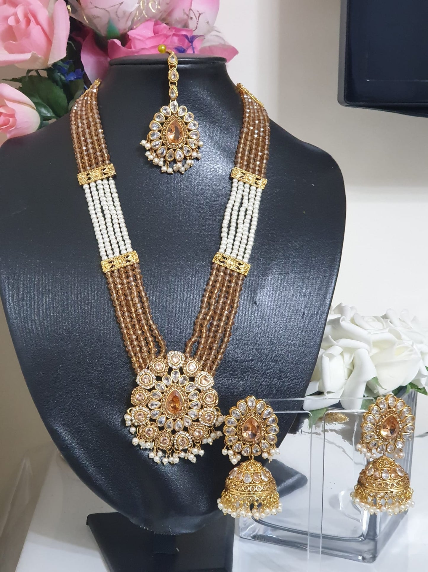 Pakistani Gold Farshi Kundan Long Raani Haar Jhumka Set