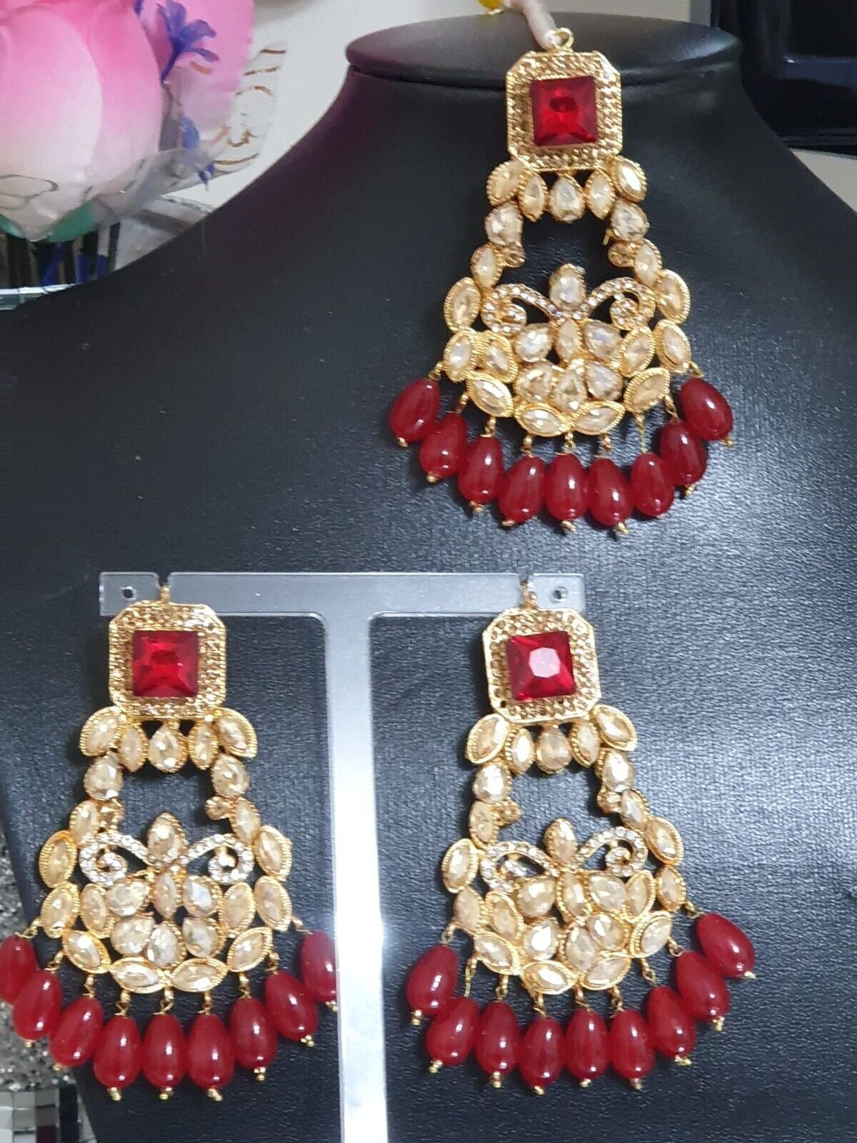 Desi Style Kundan With Crystals Pearls Earings With Tikka