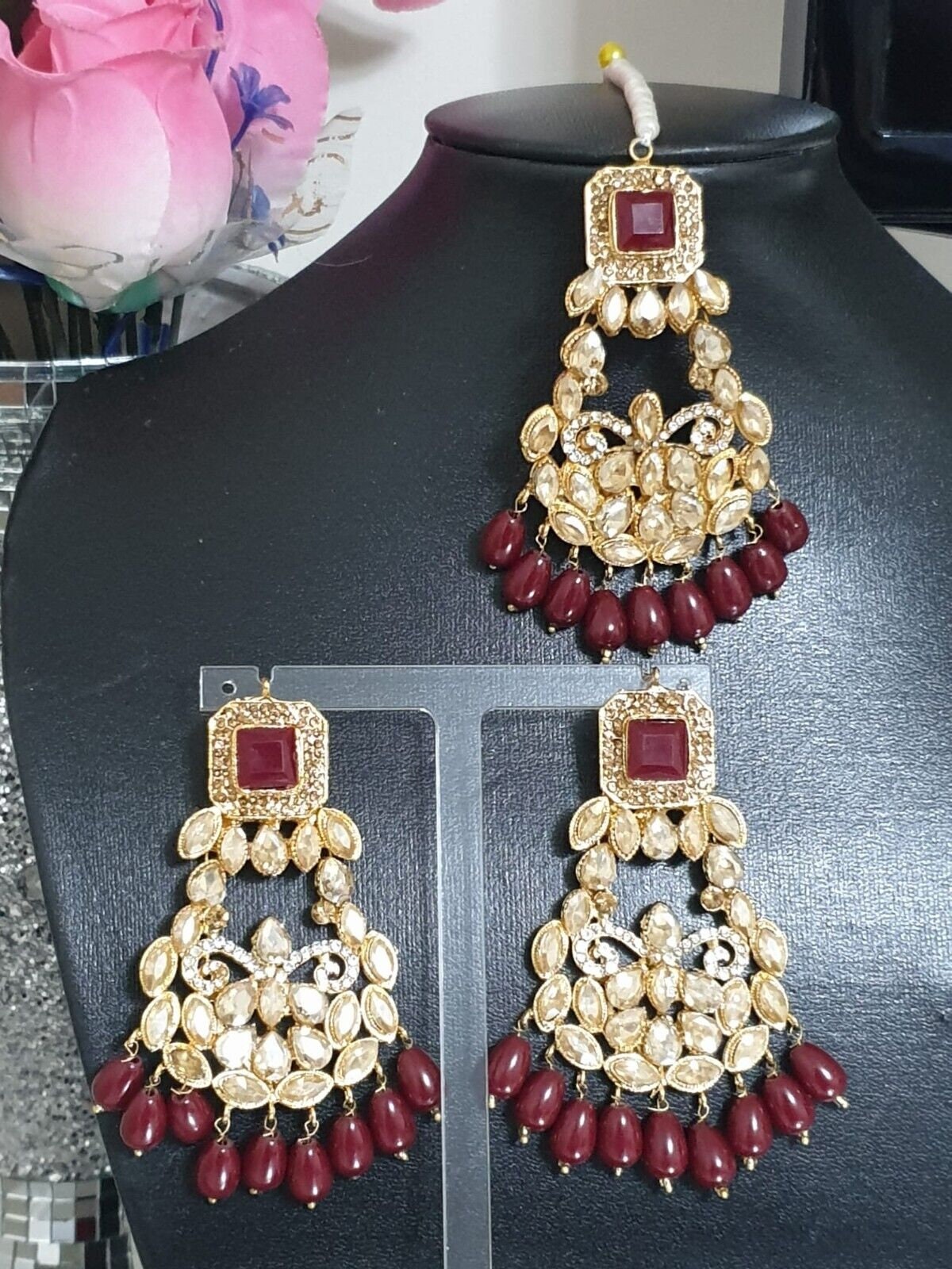 Desi Style Kundan With Crystals Pearls Earings With Tikka