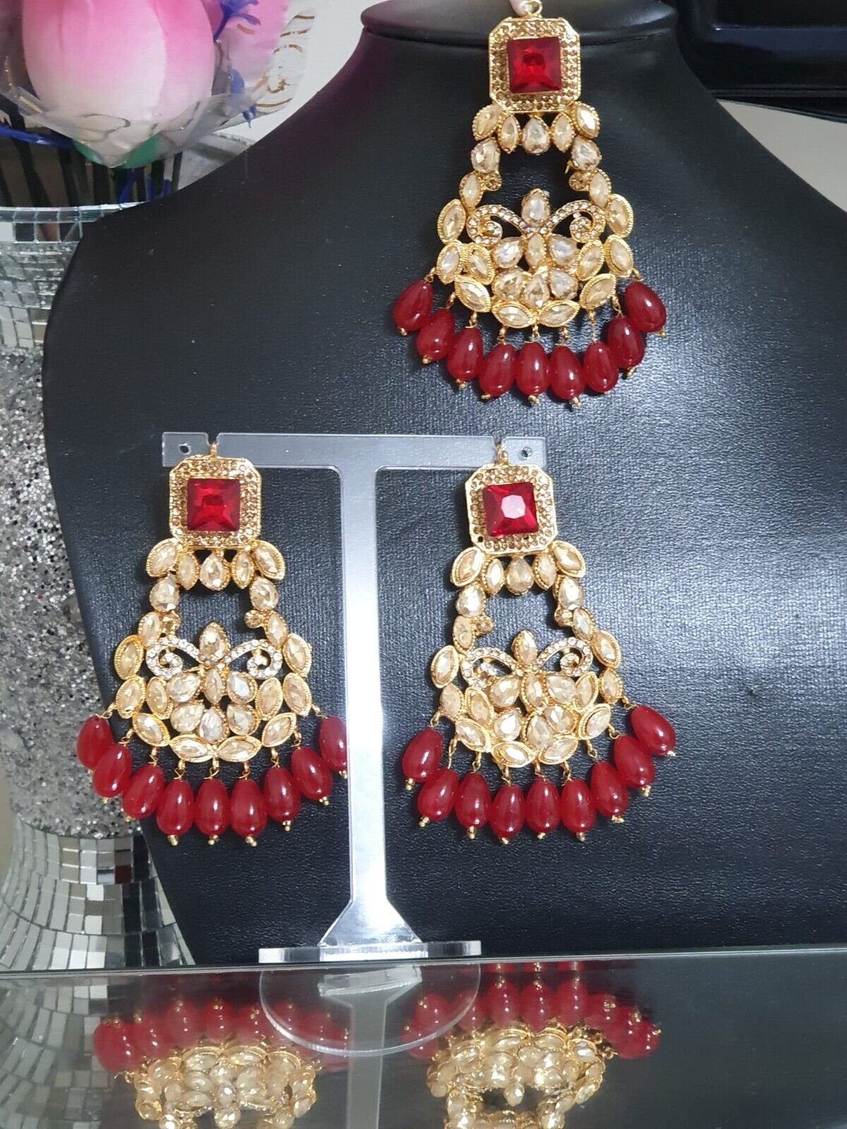 Desi Style Kundan With Crystals Pearls Earings With Tikka