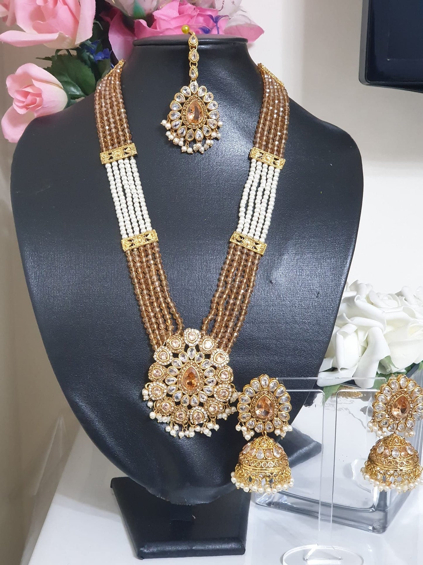 Pakistani Gold Farshi Kundan Long Raani Haar Jhumka Set