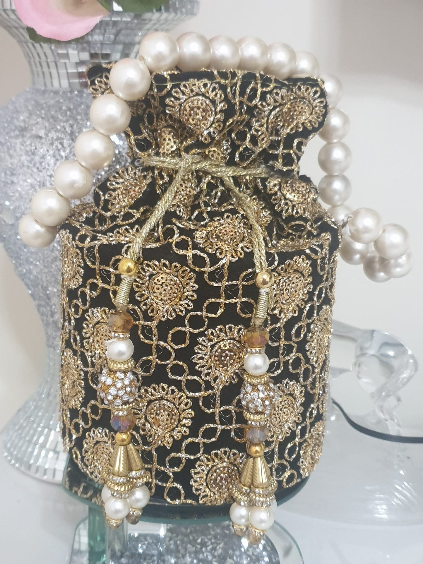 Fancy Bucket Clutch Potli Party Pouch Pearl Drawstring Bag Wedding