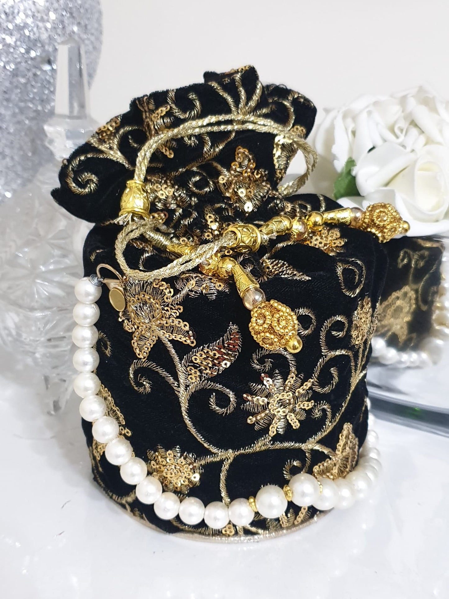 Fancy Bucket Clutch Potli Party Pouch Pearl Drawstring Bag Wedding