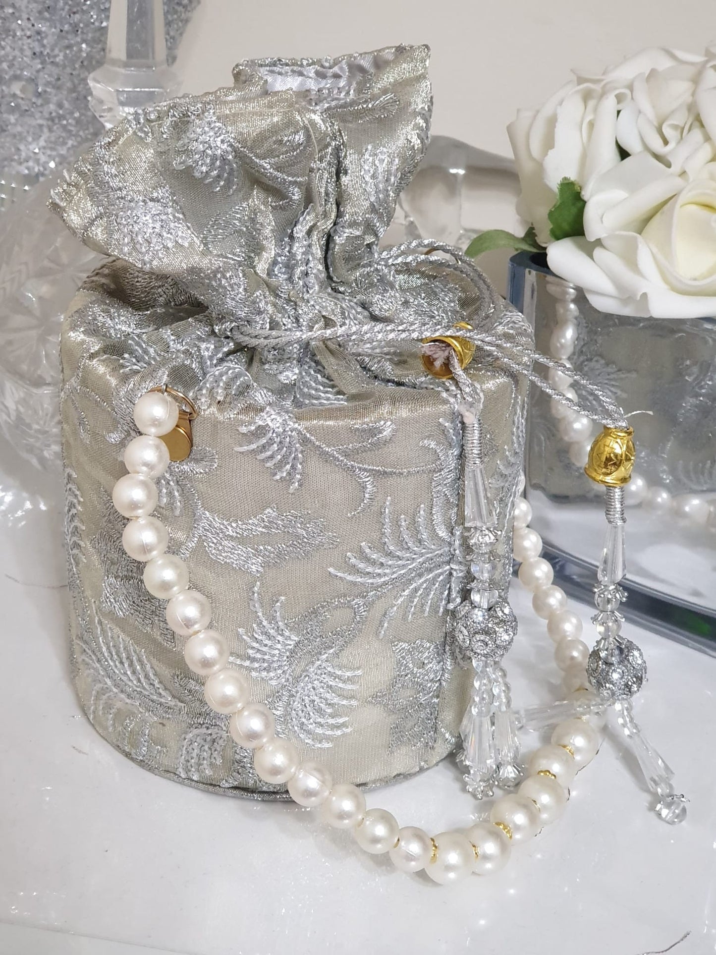 Fancy Bucket Clutch Potli Party Pouch Pearl Drawstring Bag Wedding