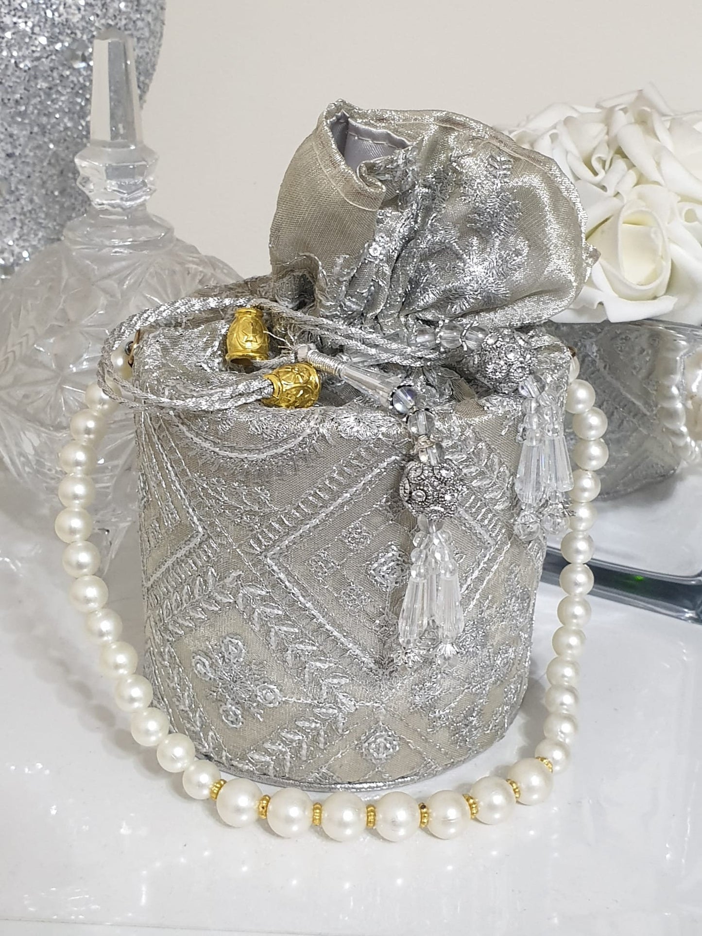 Fancy Bucket Clutch Potli Party Pouch Pearl Drawstring Bag Wedding