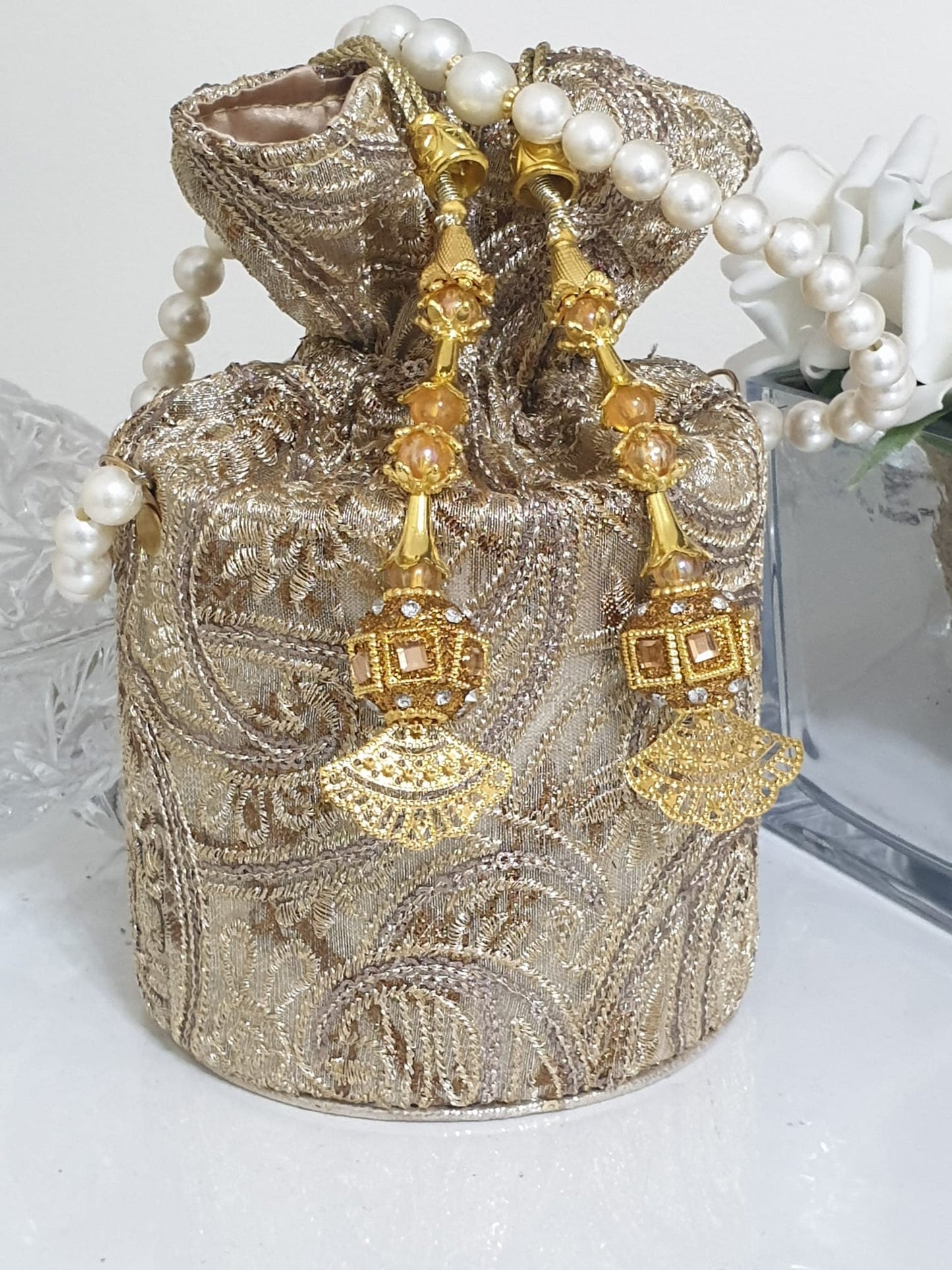 Fancy Bucket Clutch Potli Party Pouch Pearl Drawstring Bag Wedding