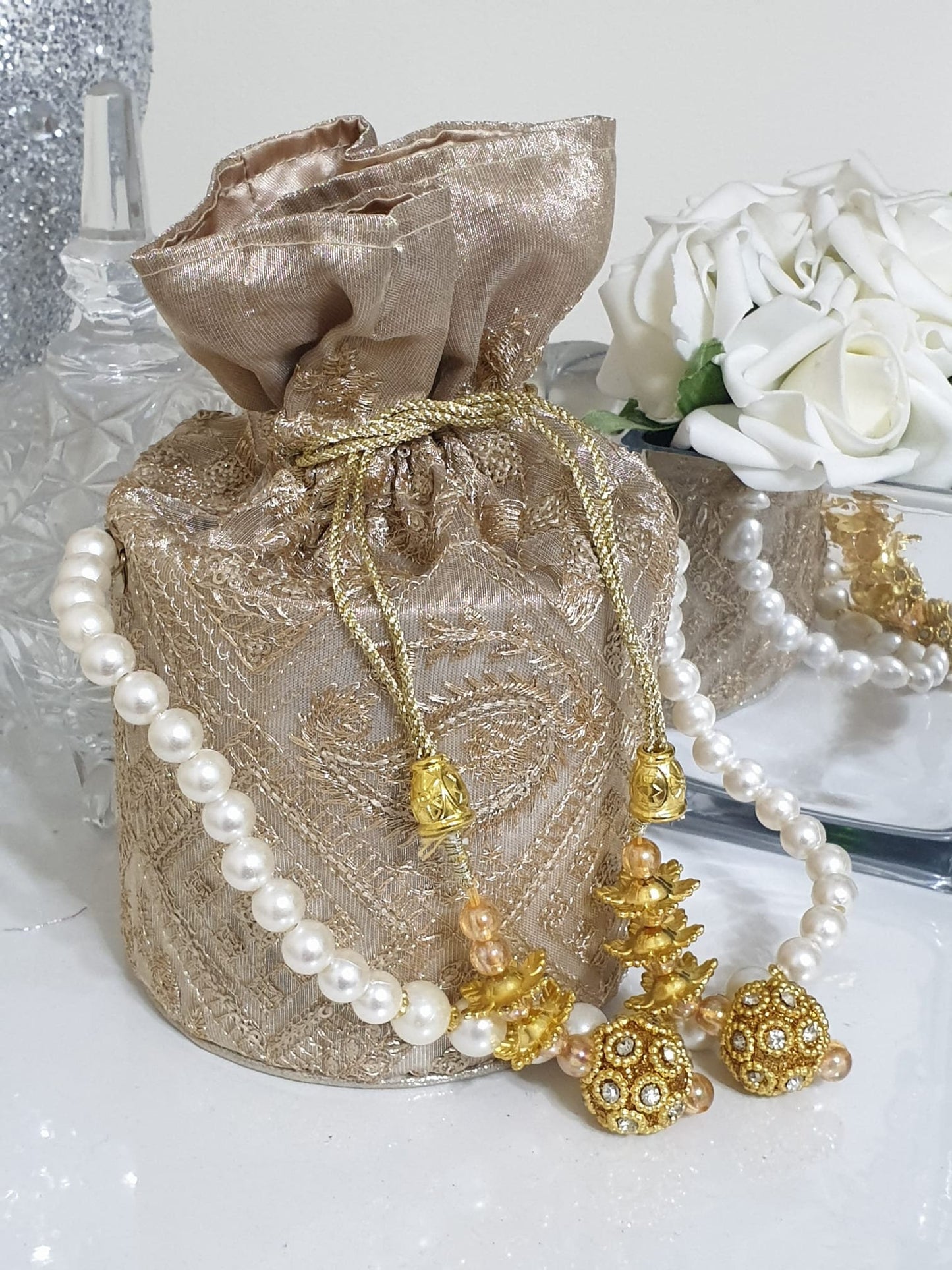 Fancy Bucket Clutch Potli Party Pouch Pearl Drawstring Bag Wedding