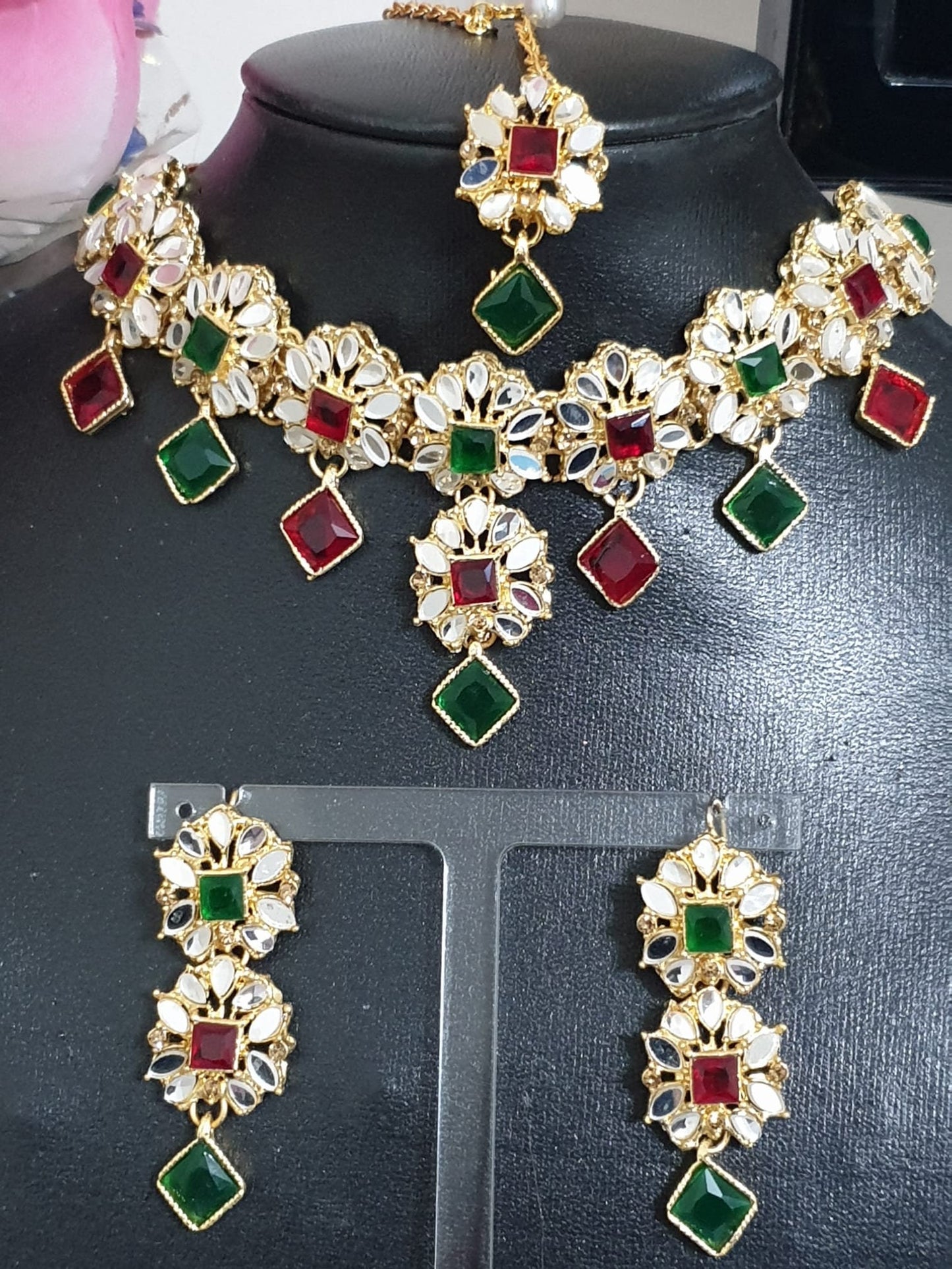 Sheesha Mirror Kundan Jewellery Set With Multicolour Stones Mehndi