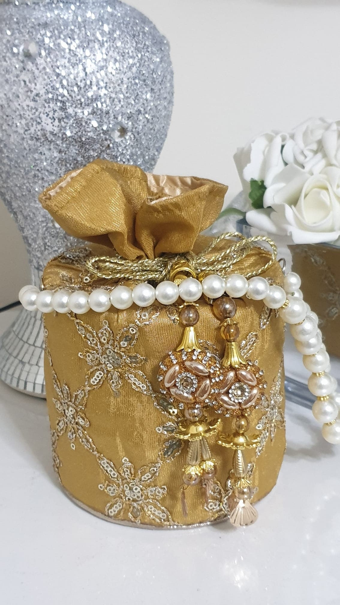 Fancy Bucket Clutch Potli Party Pouch Pearl Drawstring Bag Wedding