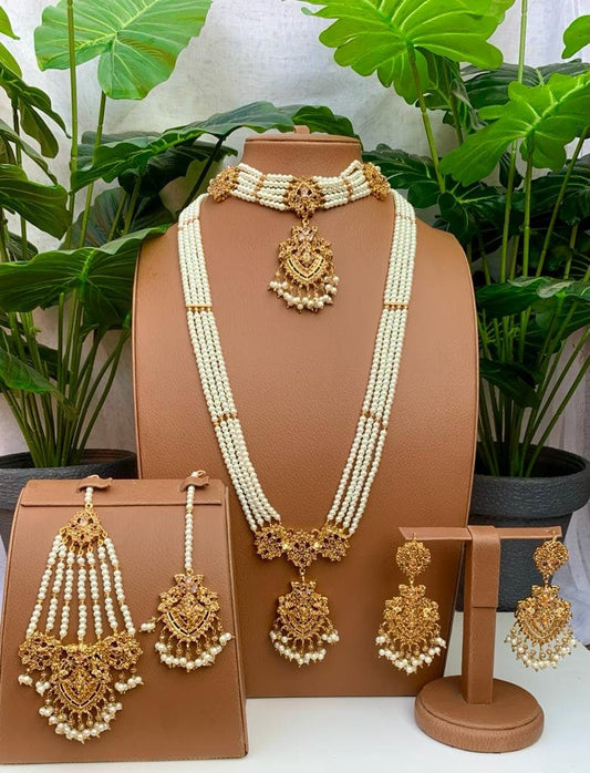 Pakistani Bridal Gold Farshi Kundan Full Bridal Set Tikka Jhumar