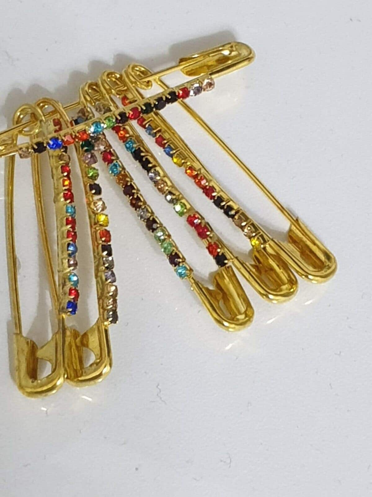 6 X Fancy Golden Silver Colour Diamonds Saree Pin One Side Of Safety Pins