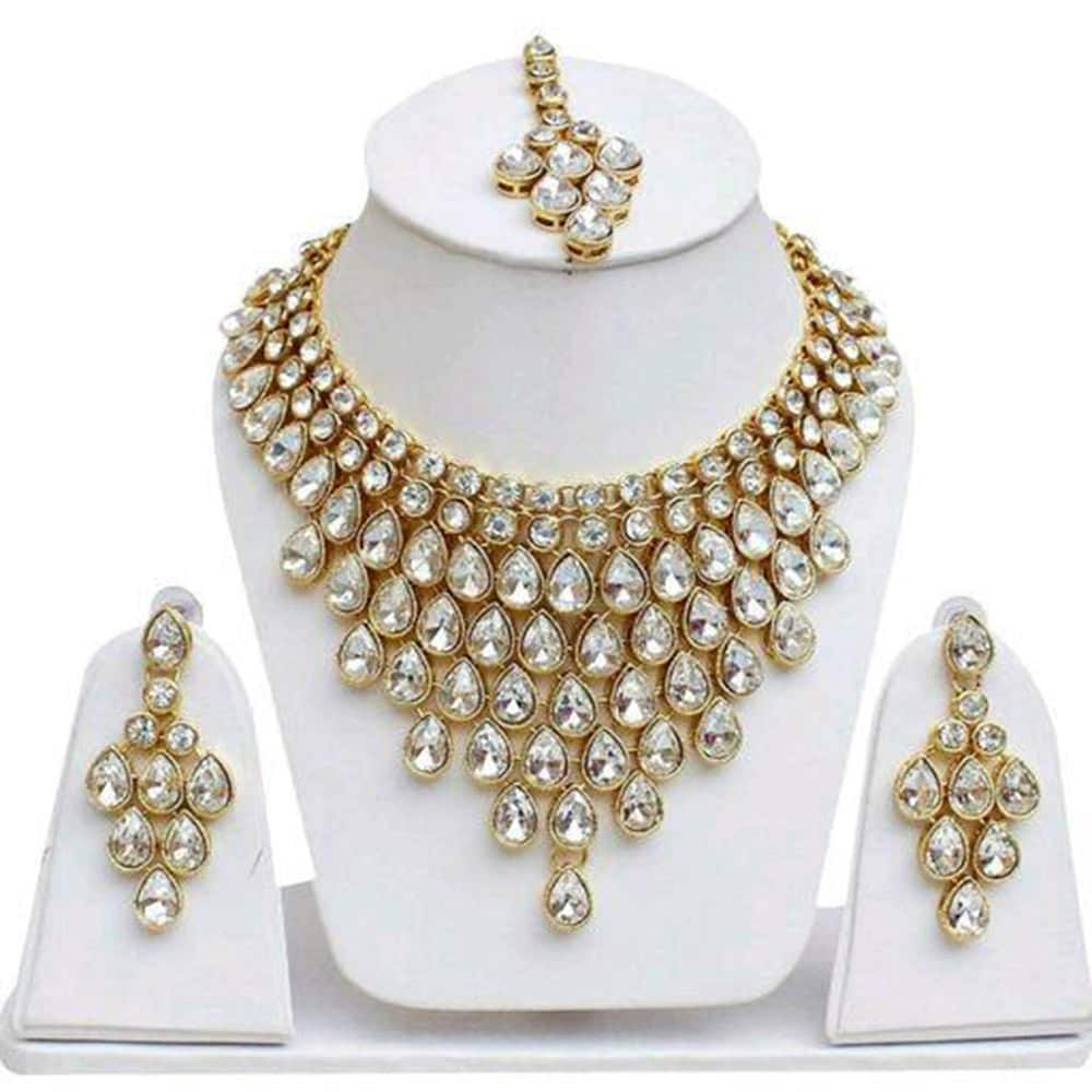 Gold Plated Crystal Stone Necklace Set Indian Kundan Style Jewellery Set