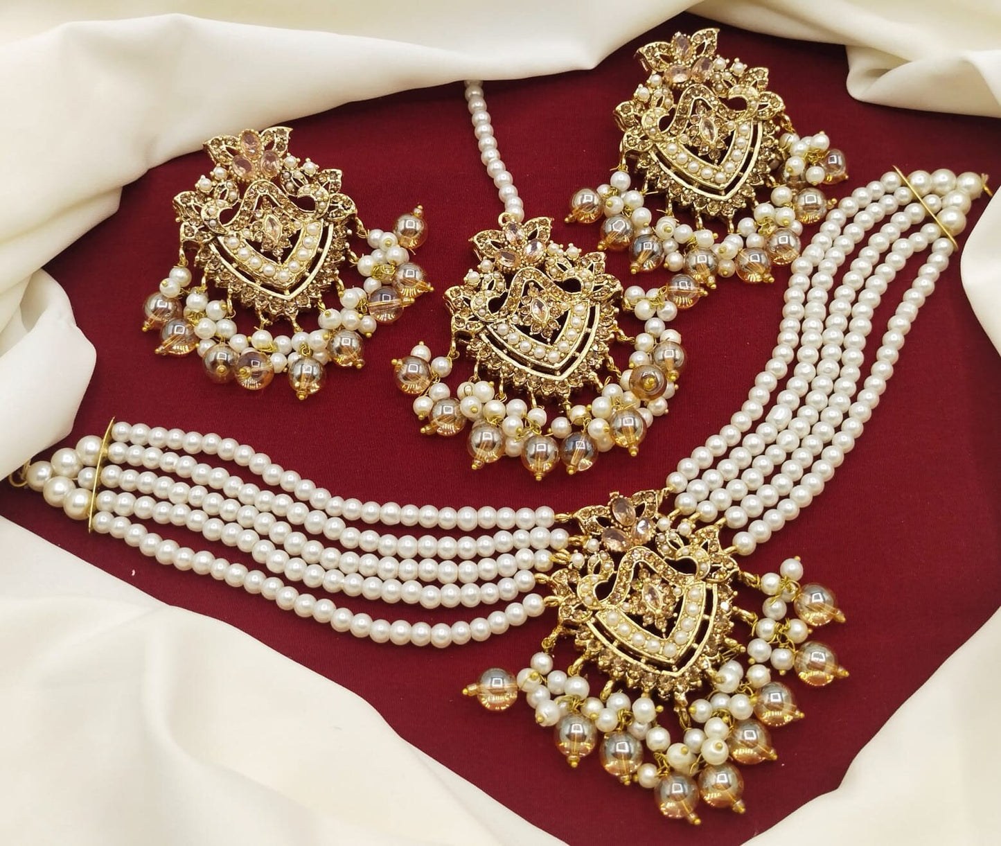 Gold Plated Choker Necklace Set Pearls And Stones Tikka