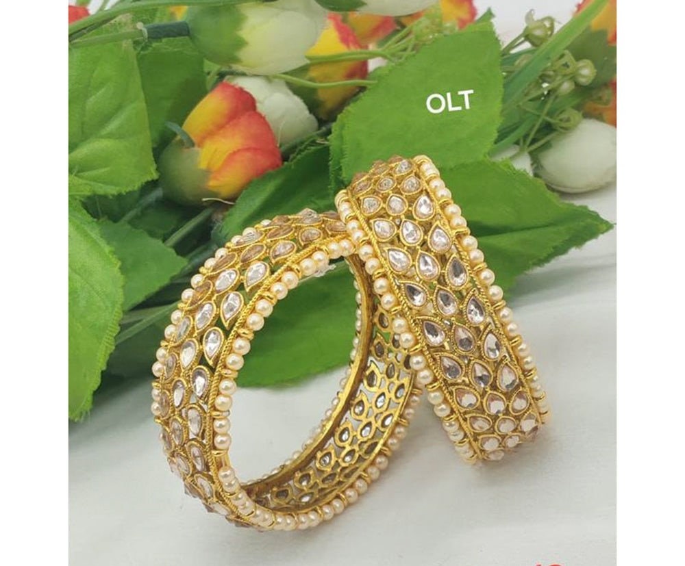 Indian Gold Base Kundan White Stone 2 Karas Bangles