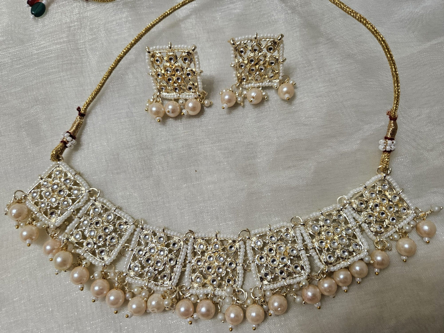 Indian Style Gold Finish Choker Necklace Set Stud Earrings