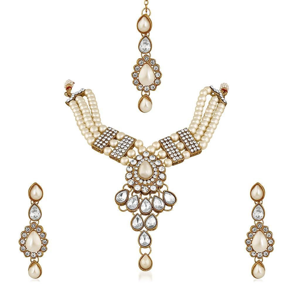 Indian Party Jewellery Crystal Stone & Pearl Double Necklace Set