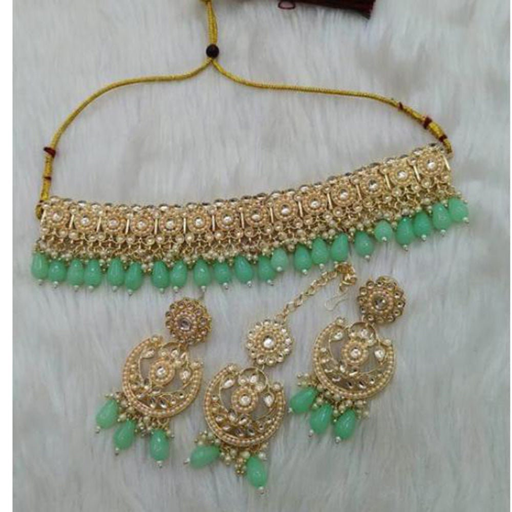 Light Gold Finish Pearls And Stones Choker Set With Tikka