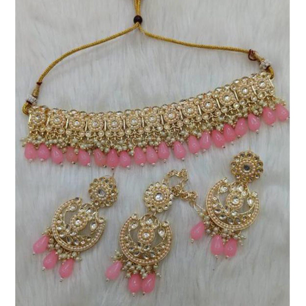 Light Gold Finish Pearls And Stones Choker Set With Tikka