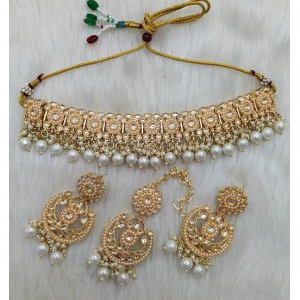 Light Gold Finish Pearls And Stones Choker Set With Tikka