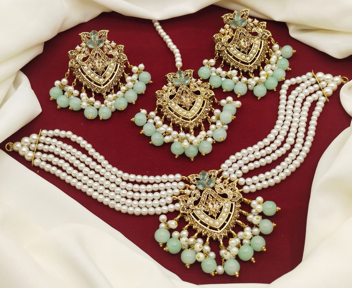 Gold Plated Choker Necklace Set Pearls And Stones Tikka