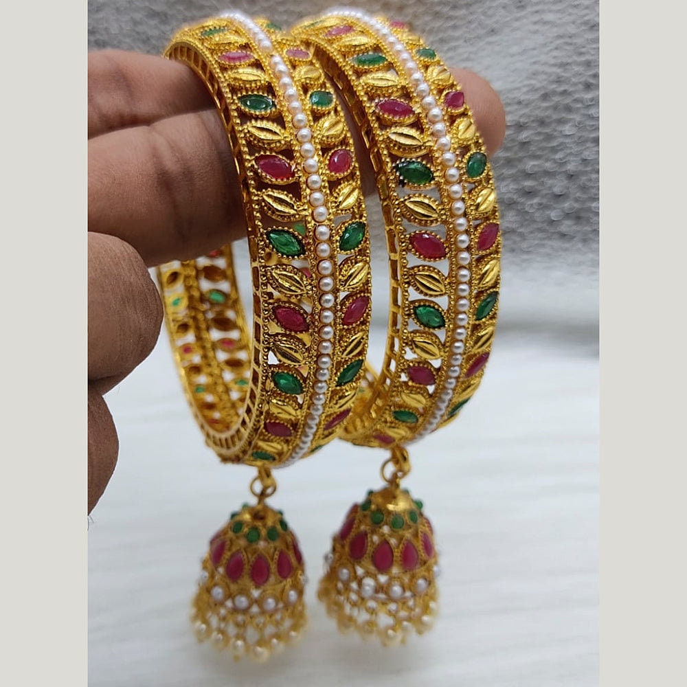 Gold Plated Multi Colour 2 Karas with Latkan Fancy Bangles