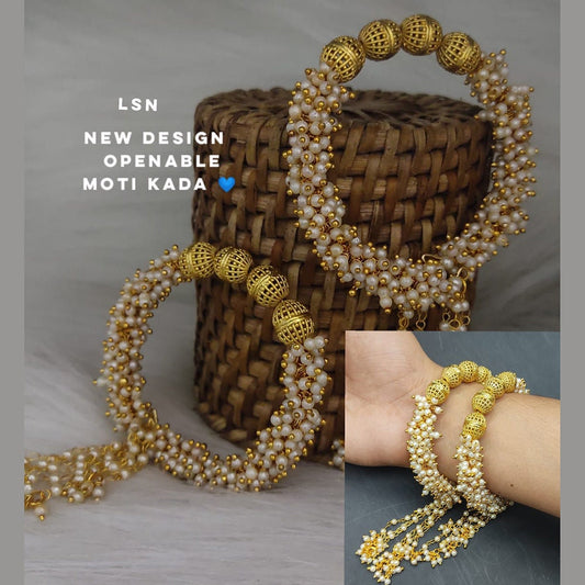 Gold Base Gajra Moti Latkan Openable 2 Karas Fancy Bangles