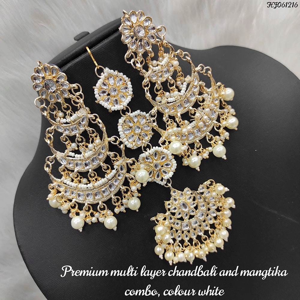 Light Gold Plated White Kundan Designer Earrings With Maangtikka