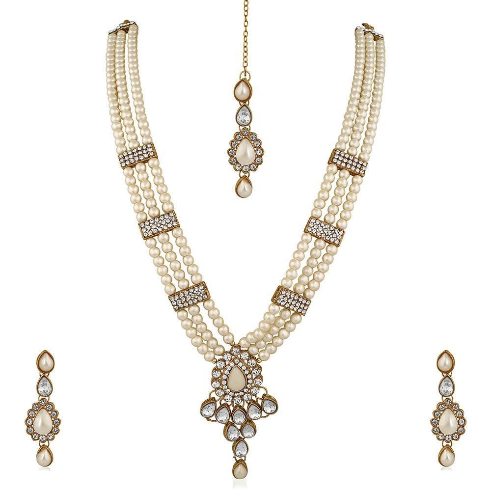 Indian Party Jewellery Crystal Stone & Pearl Double Necklace Set